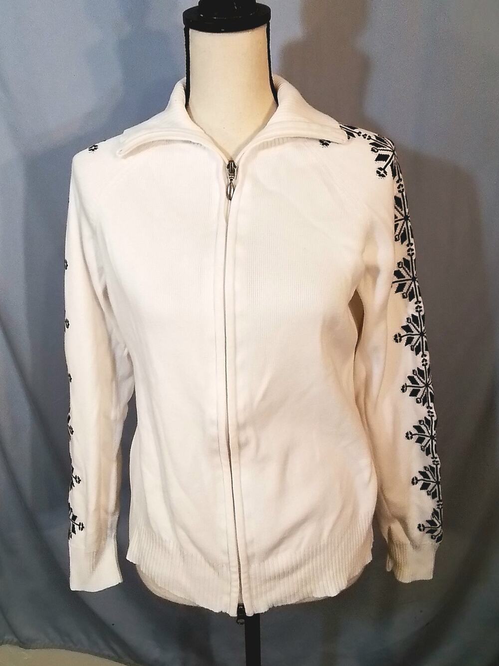 Eddie Bauer; white zip sewater with snowflake pattern